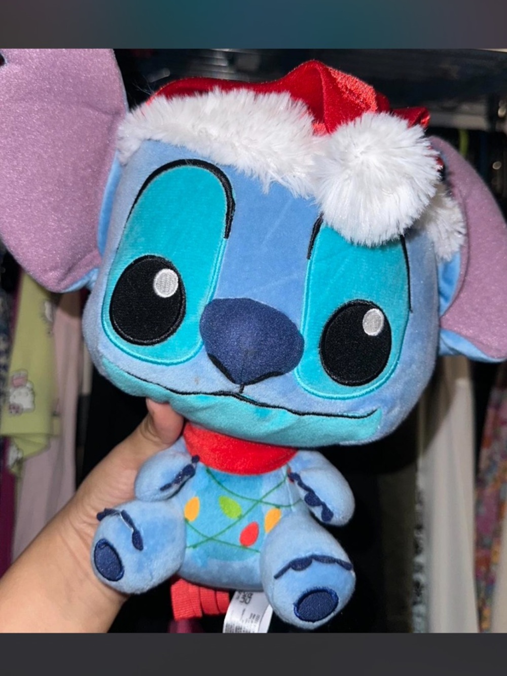 Disney Blue Stitch Plush with Red Santa Hat and Pink Ears
